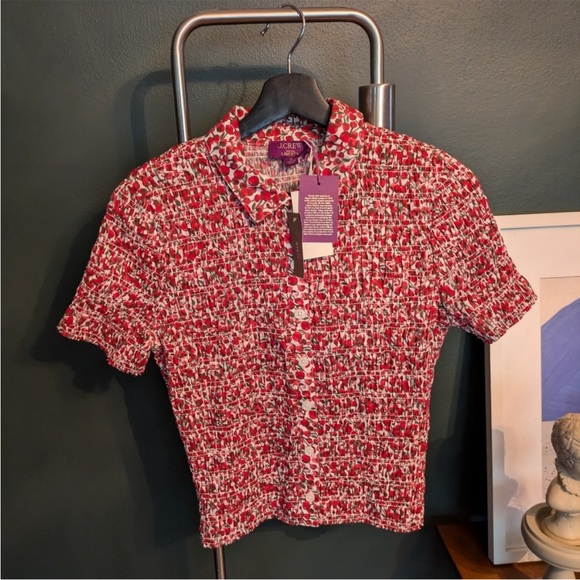 NWT J. Crew Smocked button-up shirt in Liberty® Eliza's Red - Picture 2 of 4